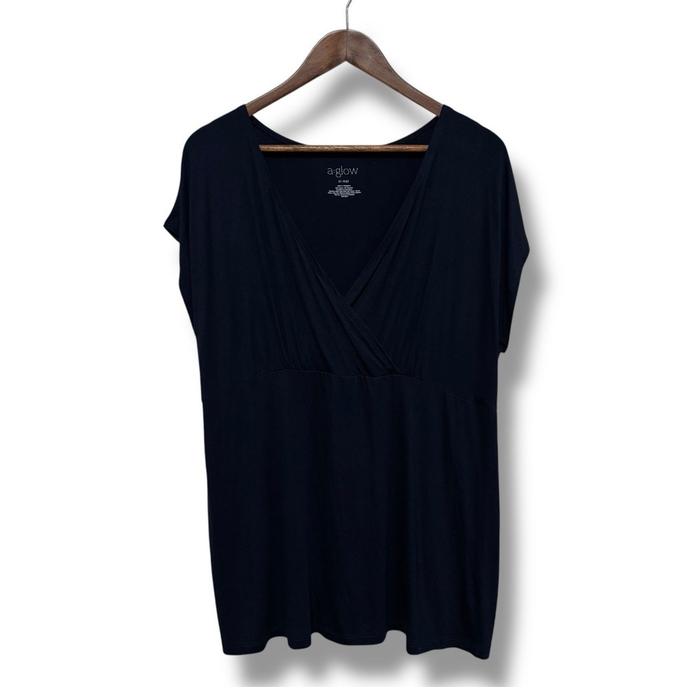 NWT A Glow Women's V Neck Nursing Blouse Stretch Top Navy XL Maturnity 19x30